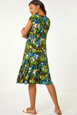 Roman Green Floral Print Panel Detail Stretch Dress