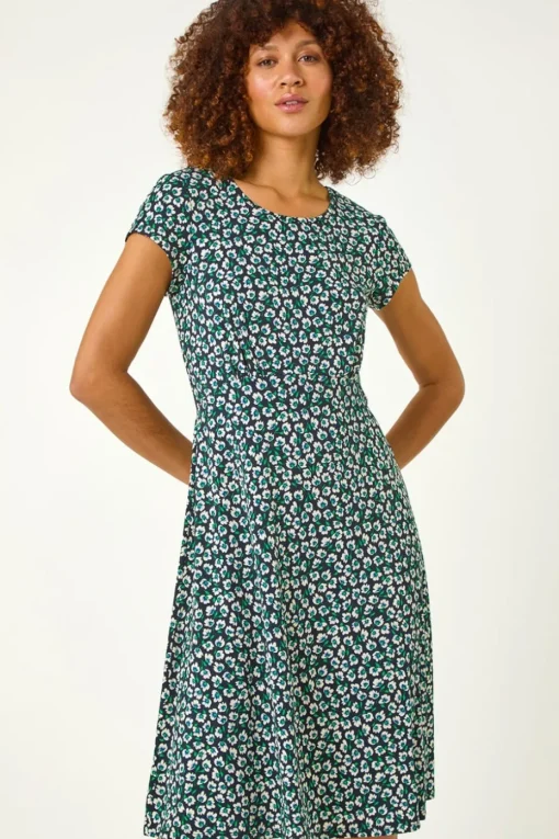 Roman Green Floral Printed Tea Dress