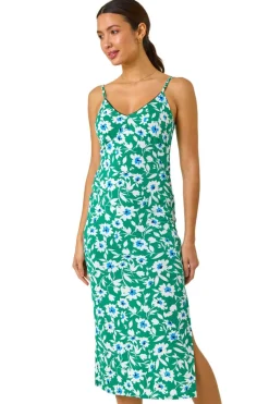 Roman Green Floral Strappy Stretch Midi Dress
