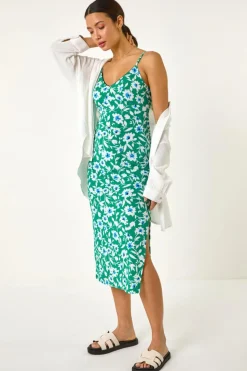 Roman Green Floral Strappy Stretch Midi Dress