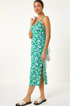 Roman Green Floral Strappy Stretch Midi Dress