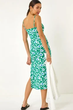 Roman Green Floral Strappy Stretch Midi Dress