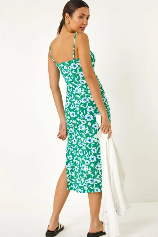 Roman Green Floral Strappy Stretch Midi Dress
