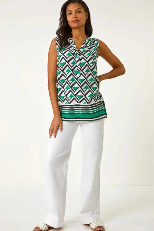Roman Green Geo Print Border V-Neck Vest