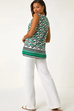 Roman Green Geo Print Border V-Neck Vest
