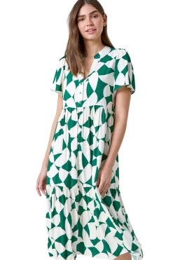 Roman Green Geometric Print Tiered Midi Dress