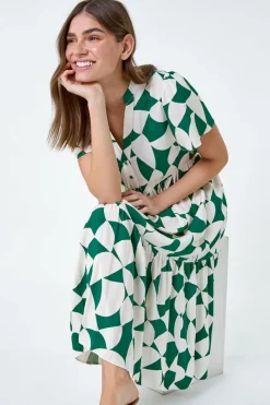 Roman Green Geometric Print Tiered Midi Dress