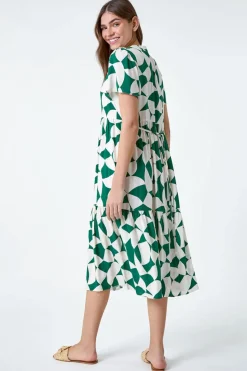 Roman Green Geometric Print Tiered Midi Dress