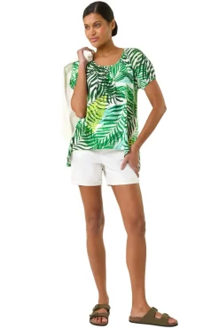 Roman Green Leaf Asymmetric Stretch Tunic Top