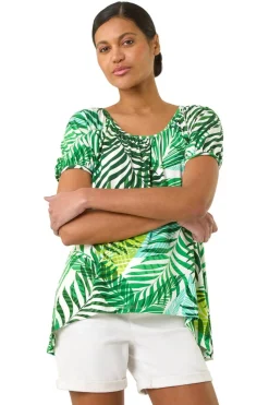 Roman Green Leaf Asymmetric Stretch Tunic Top