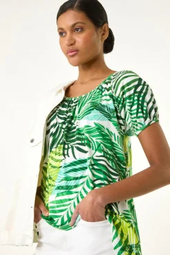 Roman Green Leaf Asymmetric Stretch Tunic Top