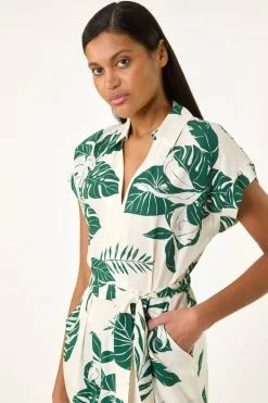 Roman Green Leaf Print Belted Shirt Midi Dress