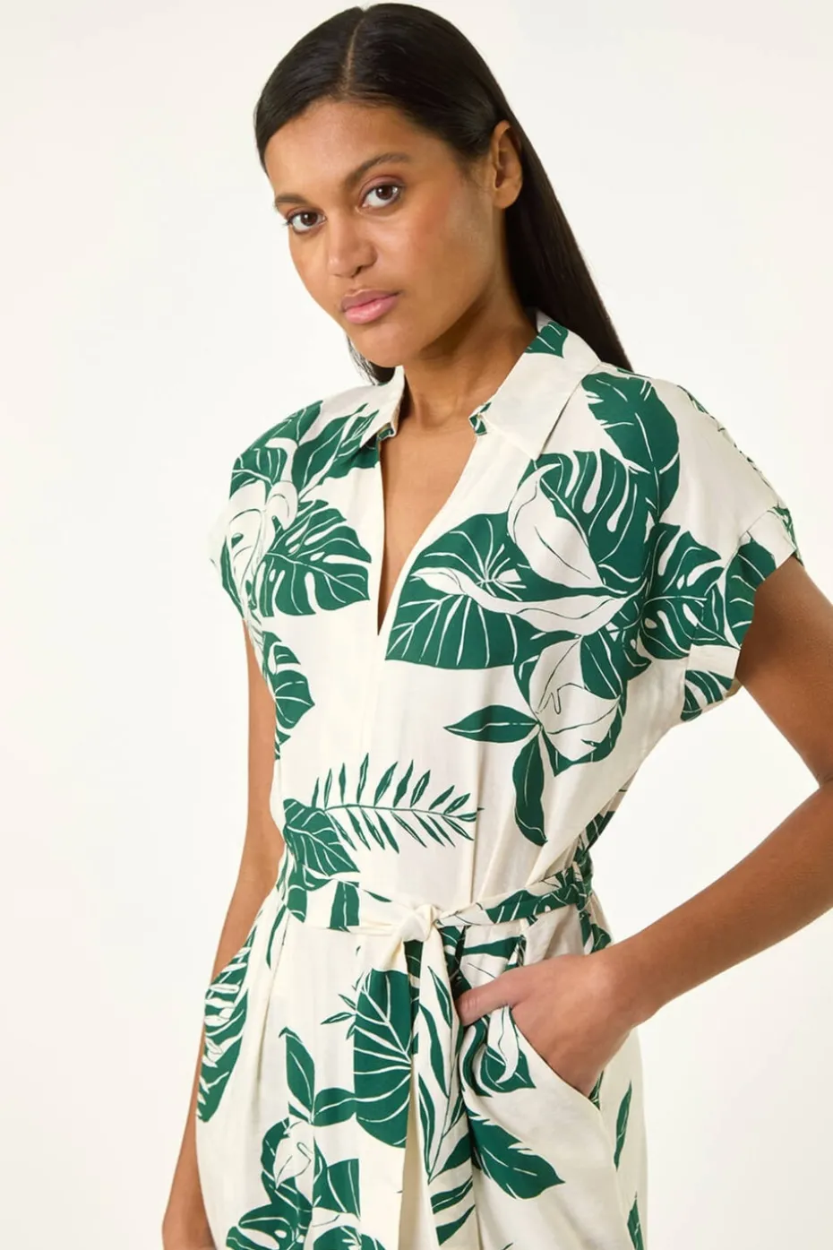 Roman Green Leaf Print Belted Shirt Midi Dress