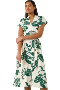 Roman Green Leaf Print Belted Shirt Midi Dress