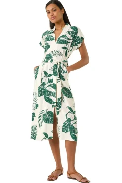 Roman Green Leaf Print Belted Shirt Midi Dress