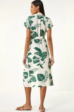Roman Green Leaf Print Belted Shirt Midi Dress