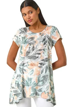 Roman Green Leaf Print Hanky Hem Tunic Top
