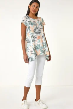 Roman Green Leaf Print Hanky Hem Tunic Top