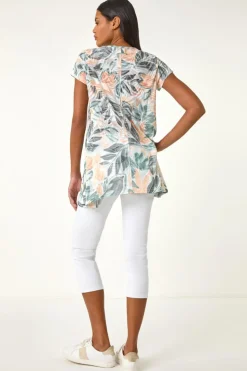 Roman Green Leaf Print Hanky Hem Tunic Top