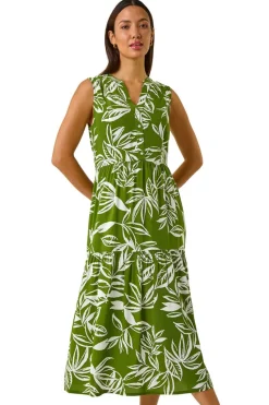 Roman Green Leaf Print Midi Dress