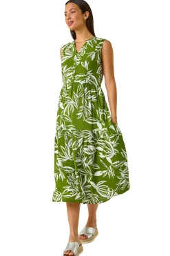 Roman Green Leaf Print Midi Dress