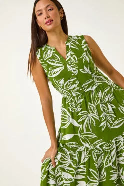 Roman Green Leaf Print Midi Dress