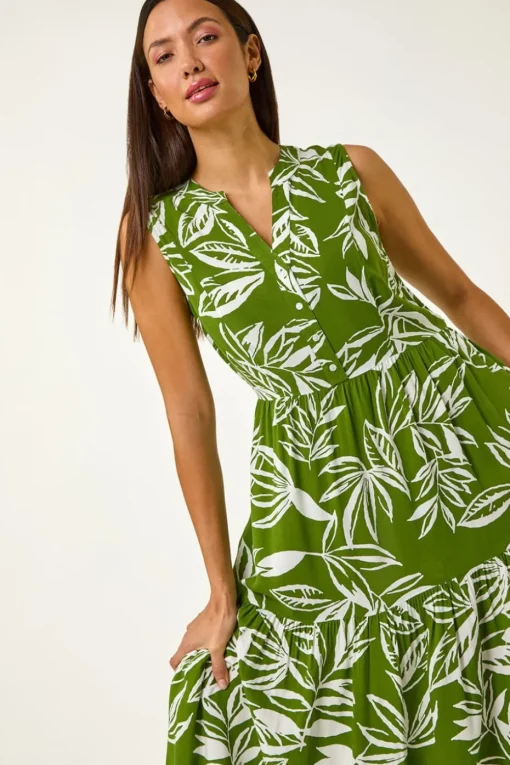 Roman Green Leaf Print Midi Dress