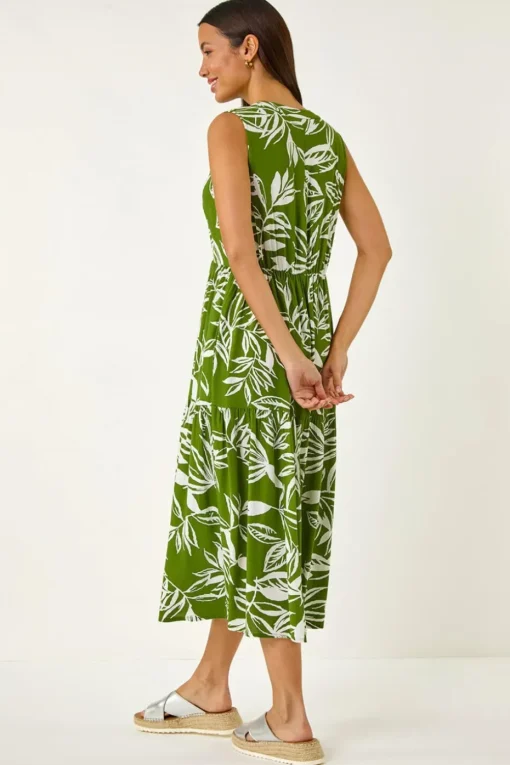Roman Green Leaf Print Midi Dress