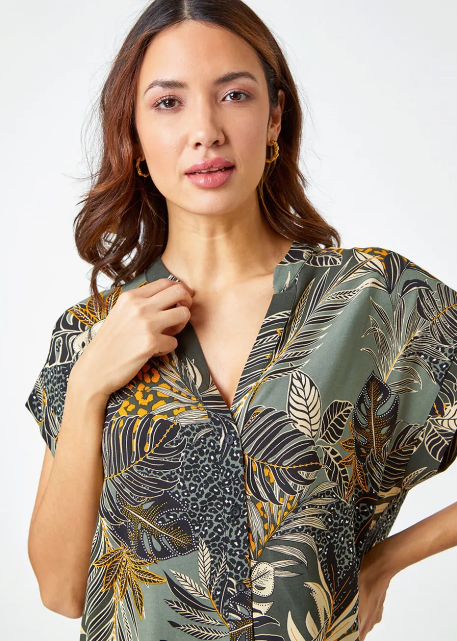 Roman Green Leaf Print Relaxed Shirt