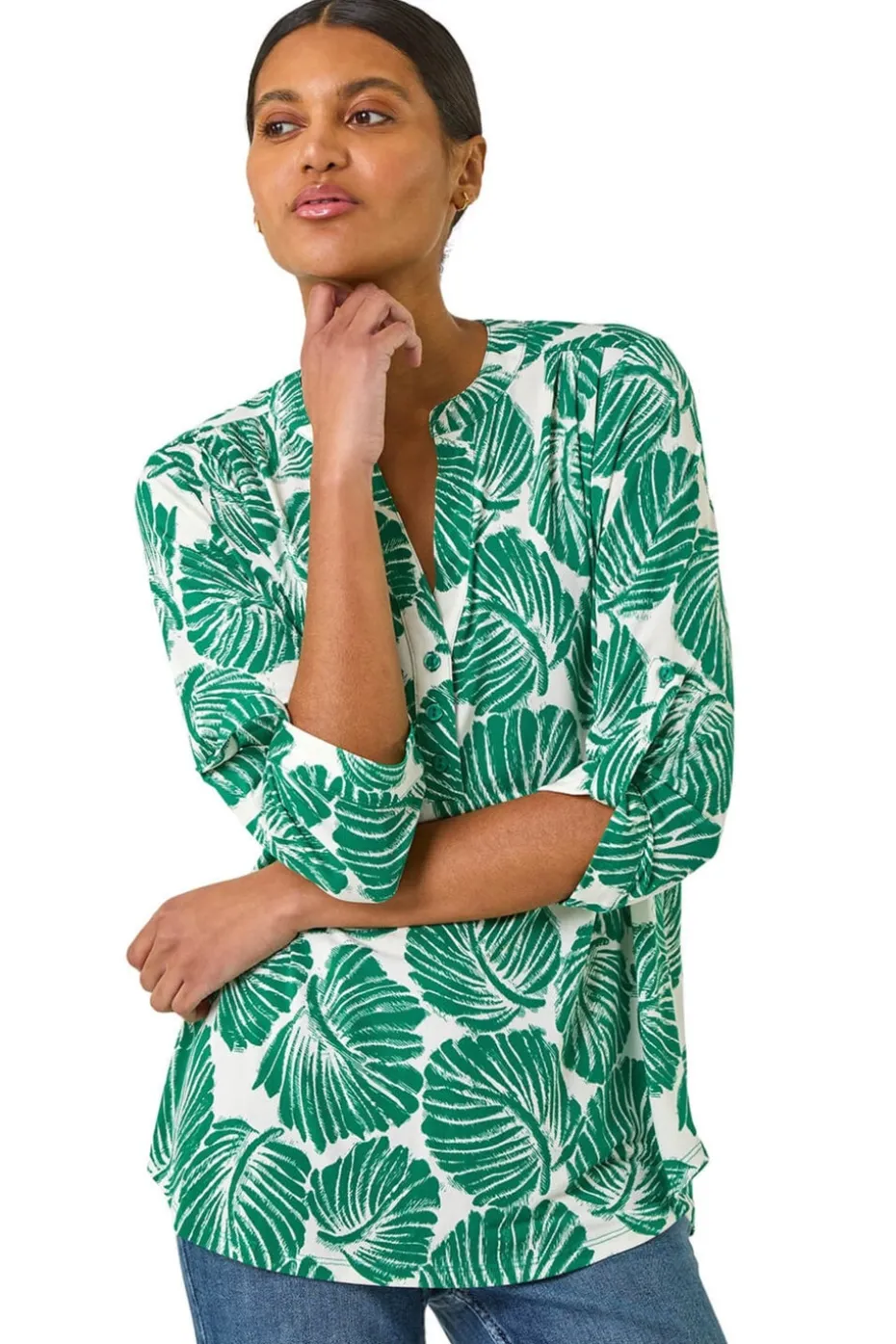 Roman Green Leaf Print Shoulder Pleat Shirt