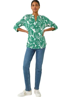 Roman Green Leaf Print Shoulder Pleat Shirt