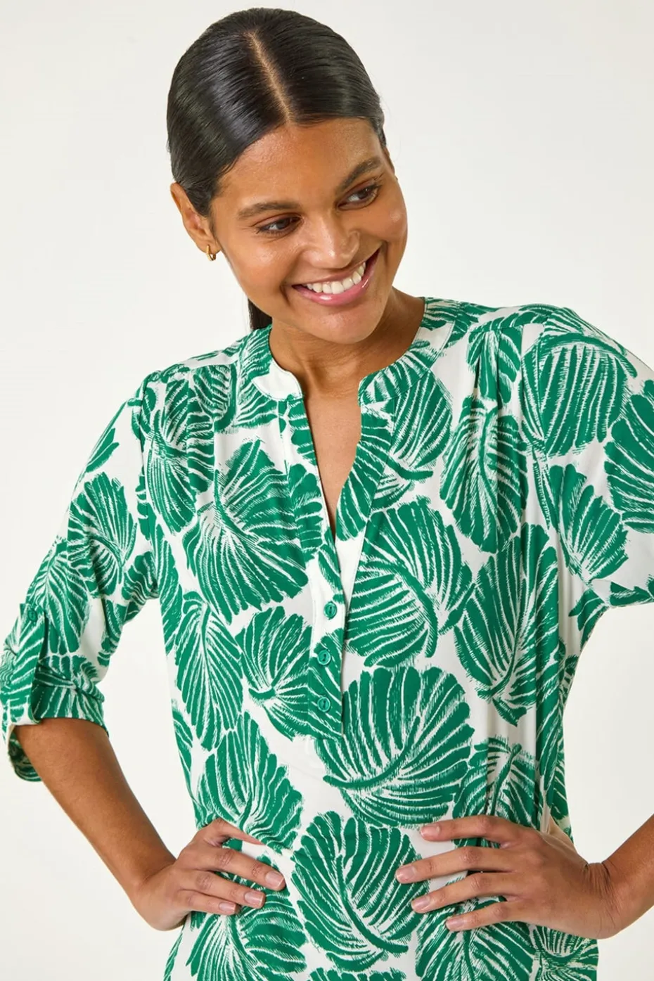 Roman Green Leaf Print Shoulder Pleat Shirt