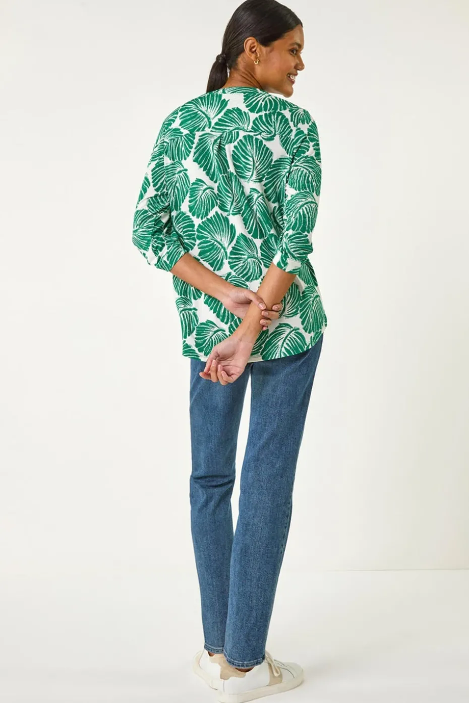 Roman Green Leaf Print Shoulder Pleat Shirt