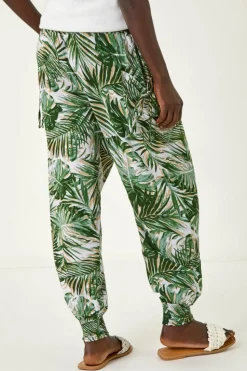 Roman Green Palm Print Tie Pocket Trousers
