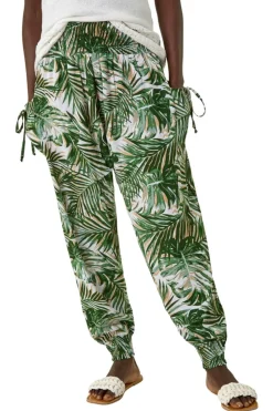 Roman Green Palm Print Tie Pocket Trousers