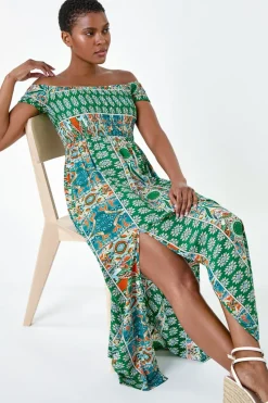 Roman Green Patchwork Shirred Bardot Maxi Dress