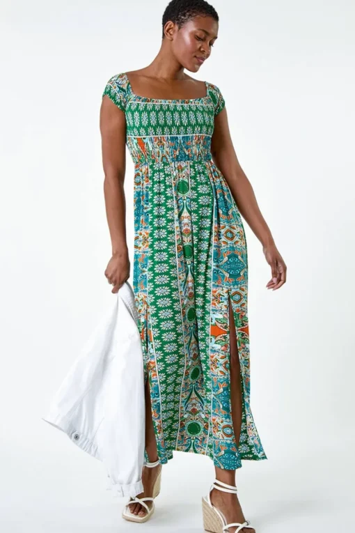 Roman Green Patchwork Shirred Bardot Maxi Dress