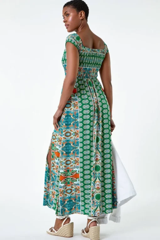 Roman Green Patchwork Shirred Bardot Maxi Dress