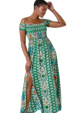 Roman Green Patchwork Shirred Bardot Maxi Dress