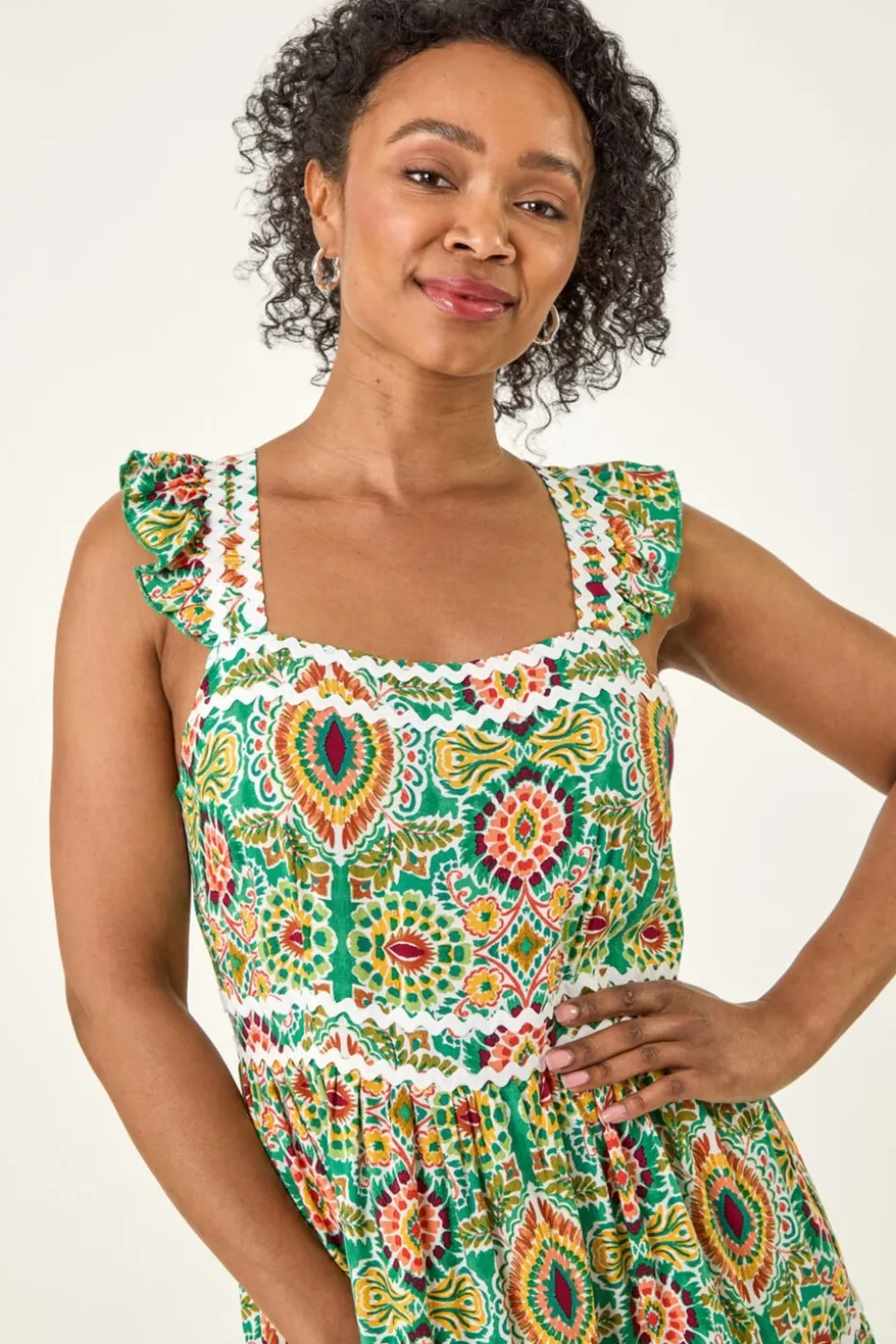 Roman Green Petite Abstract Frill Ric Rac Midi Dress