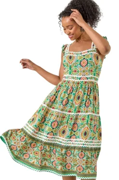 Roman Green Petite Abstract Frill Ric Rac Midi Dress