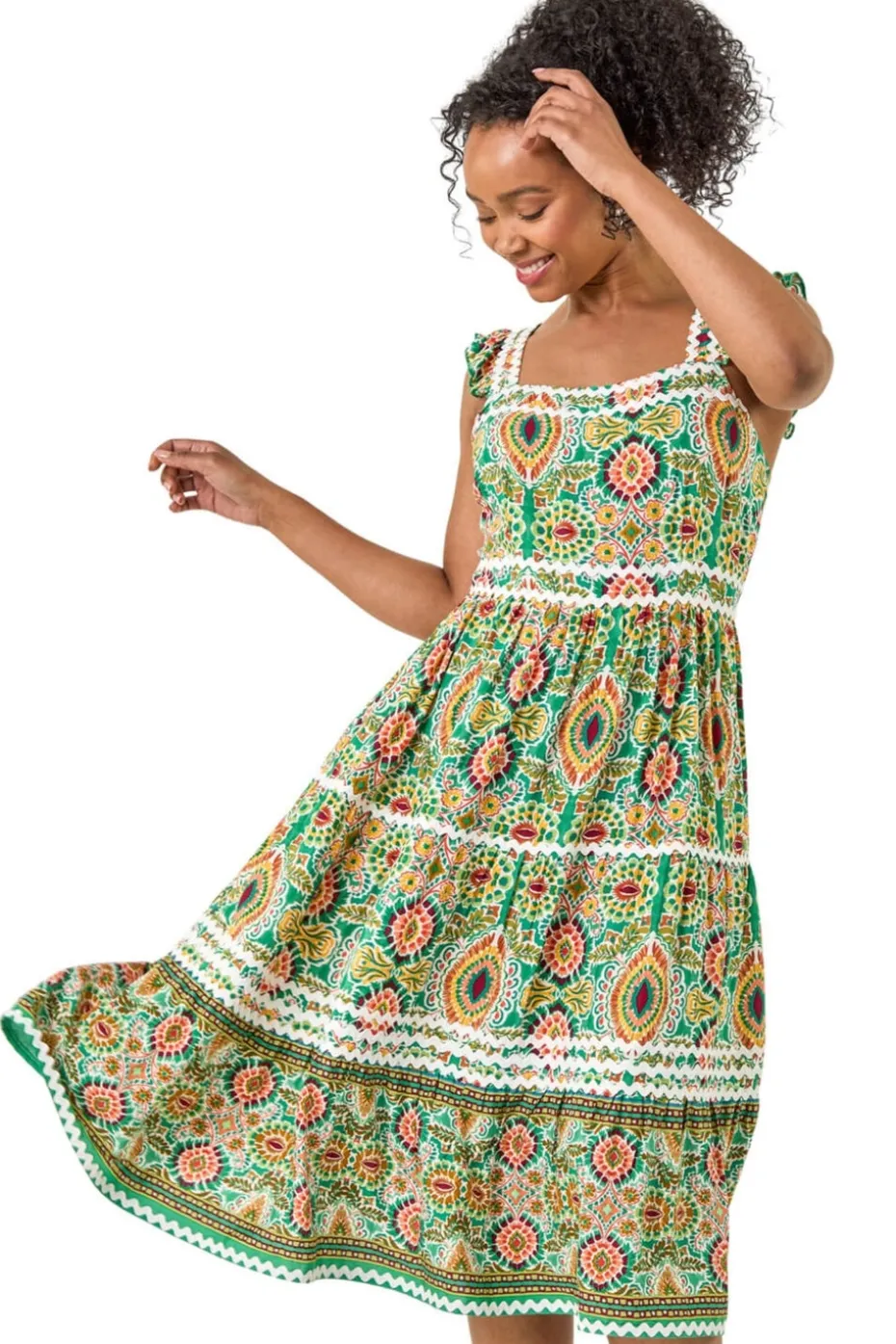 Roman Green Petite Abstract Frill Ric Rac Midi Dress