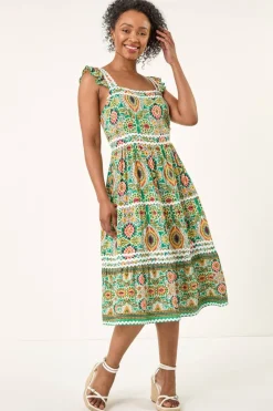 Roman Green Petite Abstract Frill Ric Rac Midi Dress
