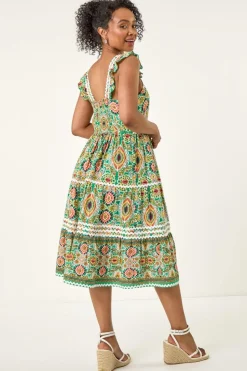 Roman Green Petite Abstract Frill Ric Rac Midi Dress