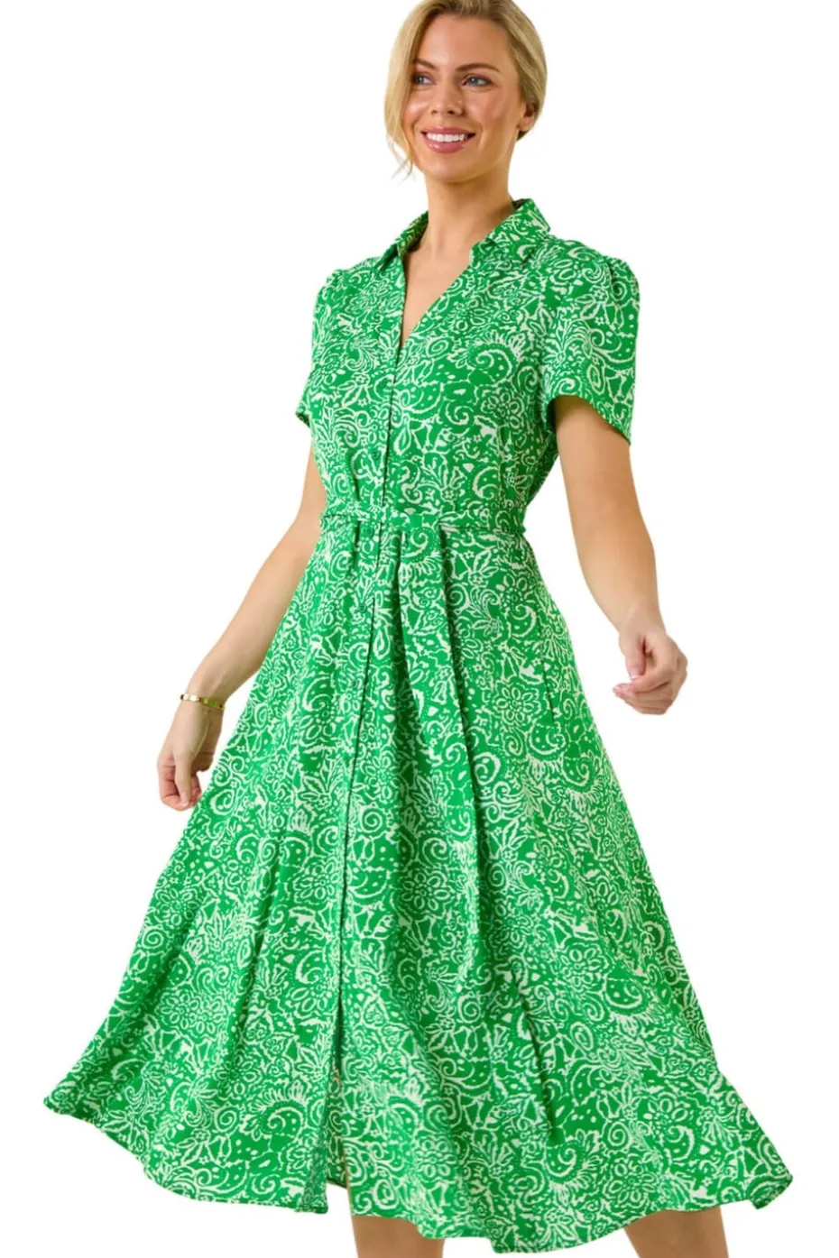 Roman Green Petite Abstract Print Button Shirt Dress