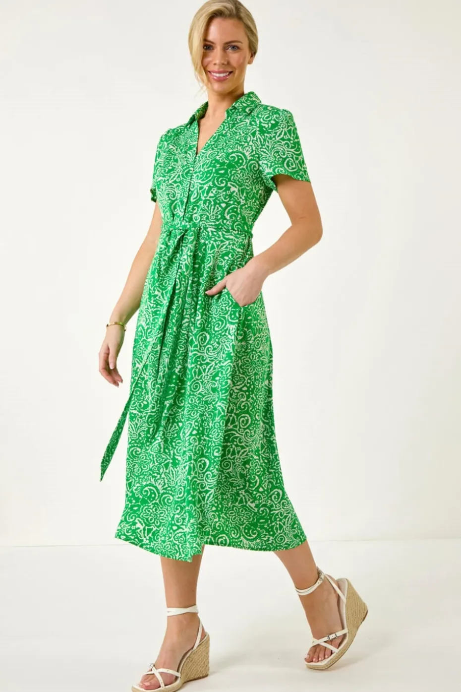 Roman Green Petite Abstract Print Button Shirt Dress