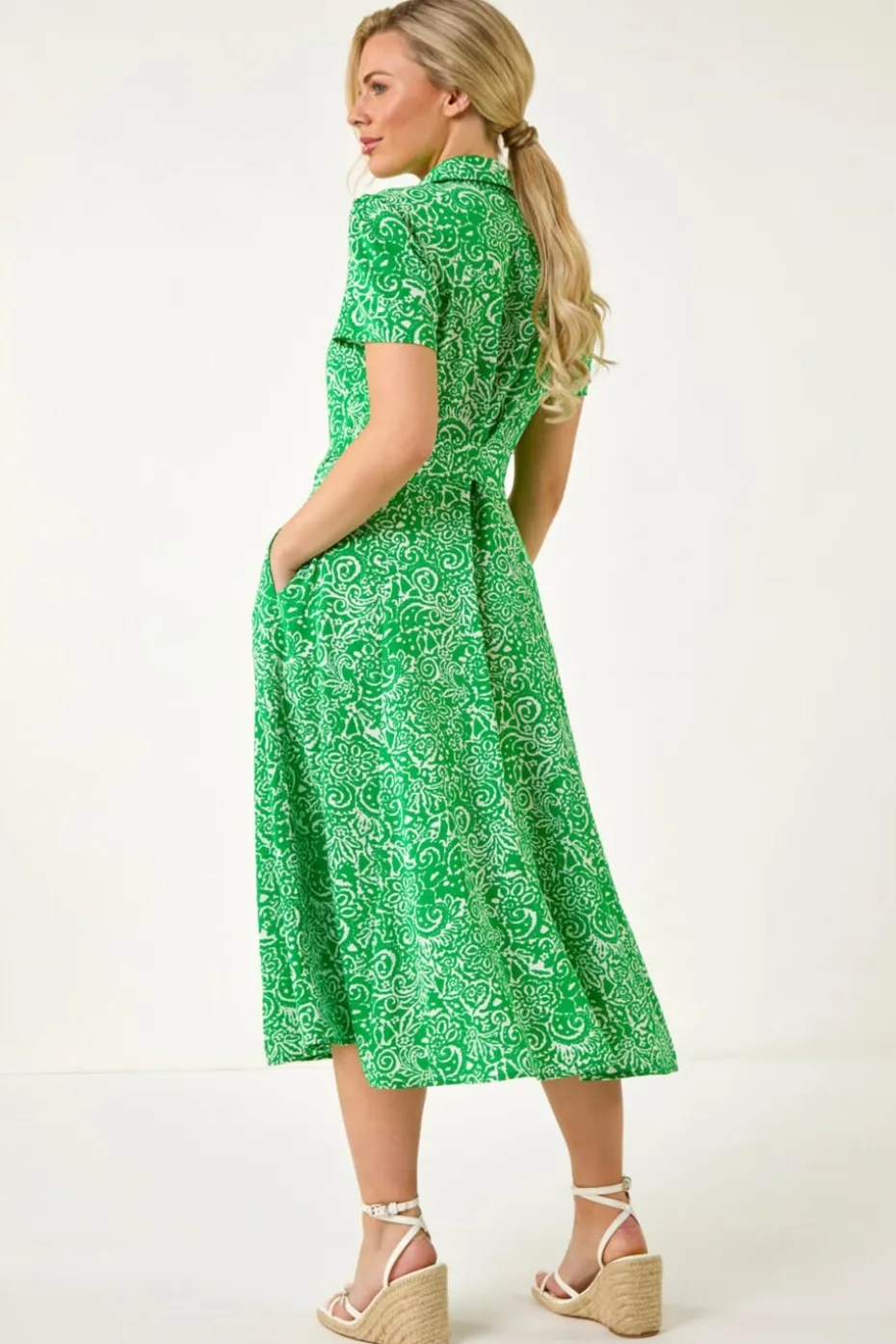 Roman Green Petite Abstract Print Button Shirt Dress