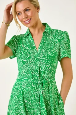 Roman Green Petite Abstract Print Button Shirt Dress