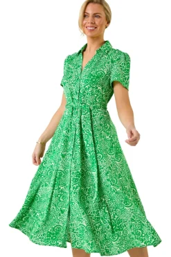 Roman Green Petite Abstract Print Button Shirt Dress