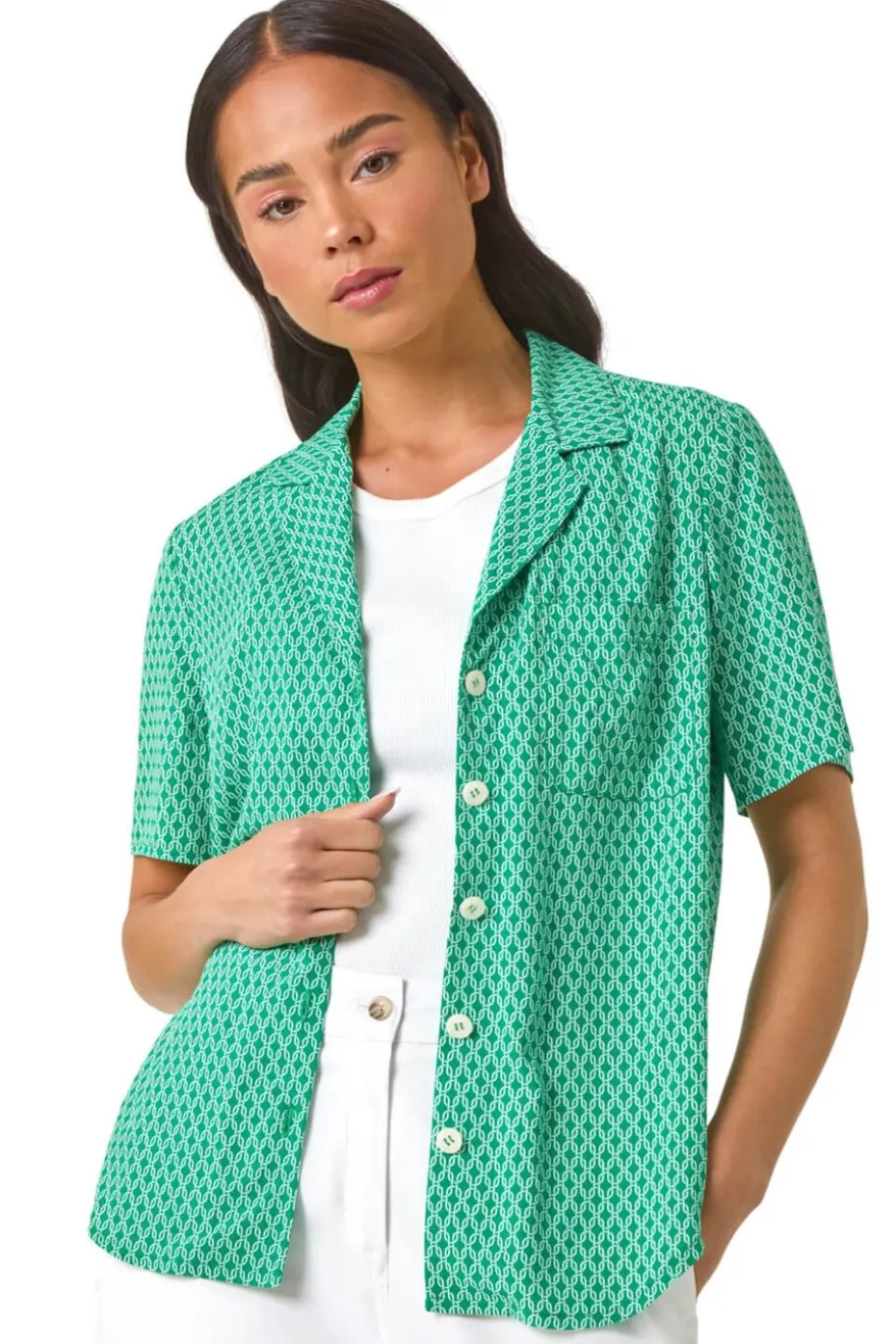 Roman Green Petite Geometric Buttoned Blouse
